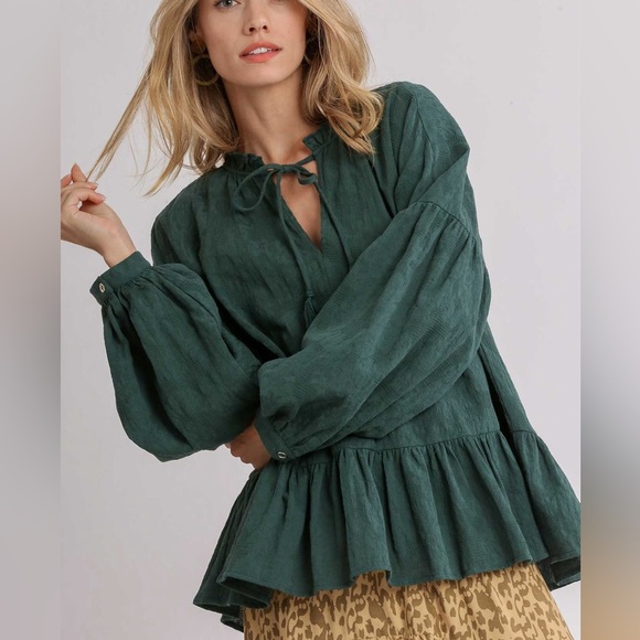 Umgee | Green Boho Peasant Textured Cotton Tassel Tie Top, Small - Picture 2 of 10